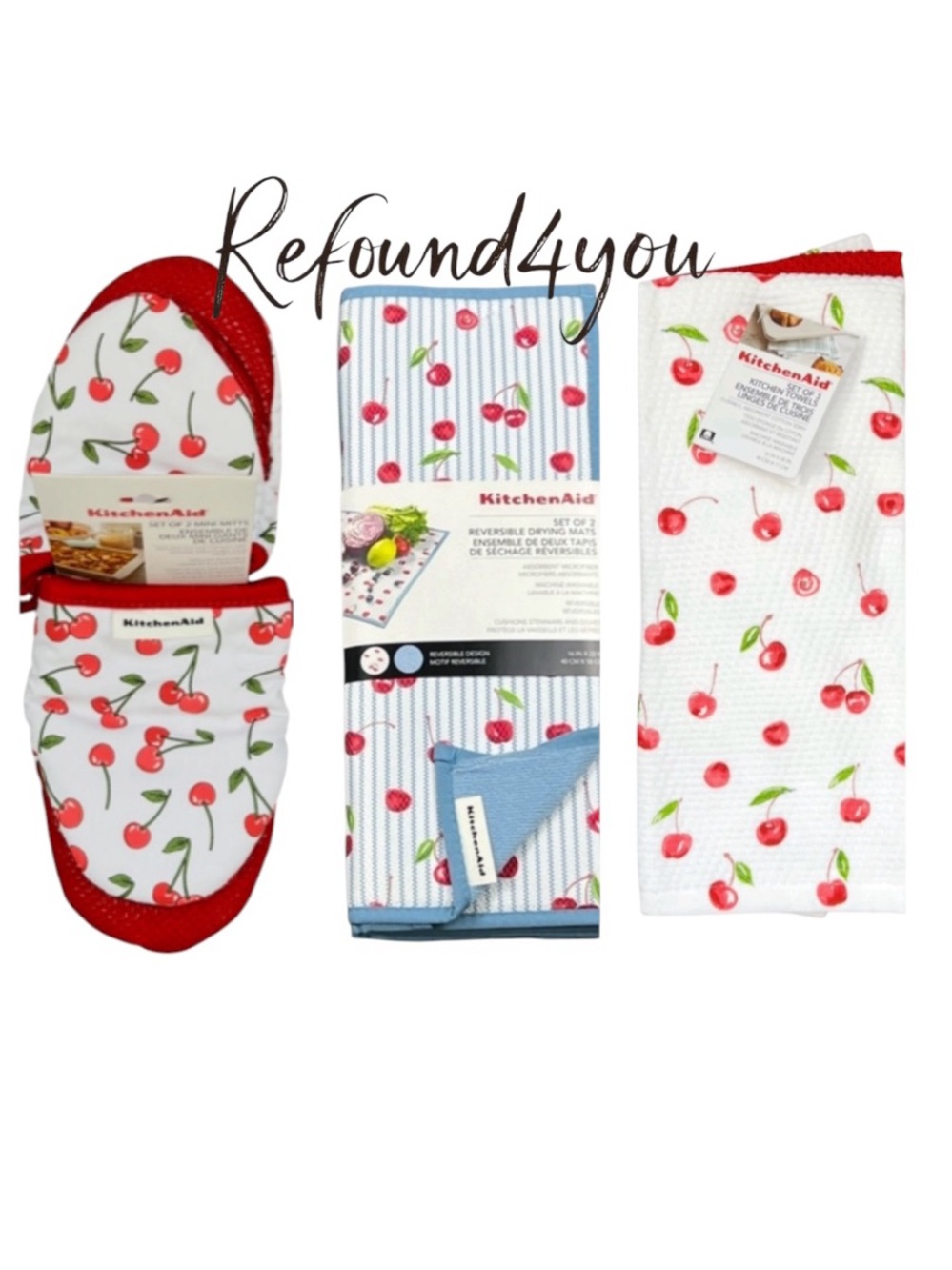 KitchenAid - ‘Cherries bundle’ Dishtowels, Drying mats, Oven mitts NWT Last one!
